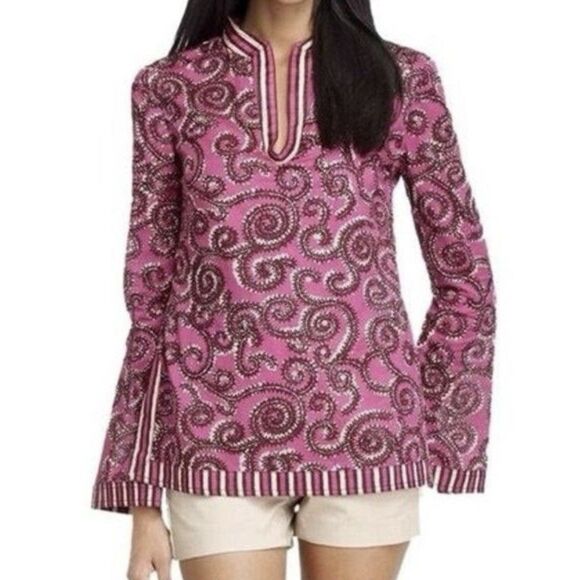 Tory Burch Shirt Women 6 Sequin Stephanie Tunic Fuchsia Lightweight Vibrant - Picture 2 of 11